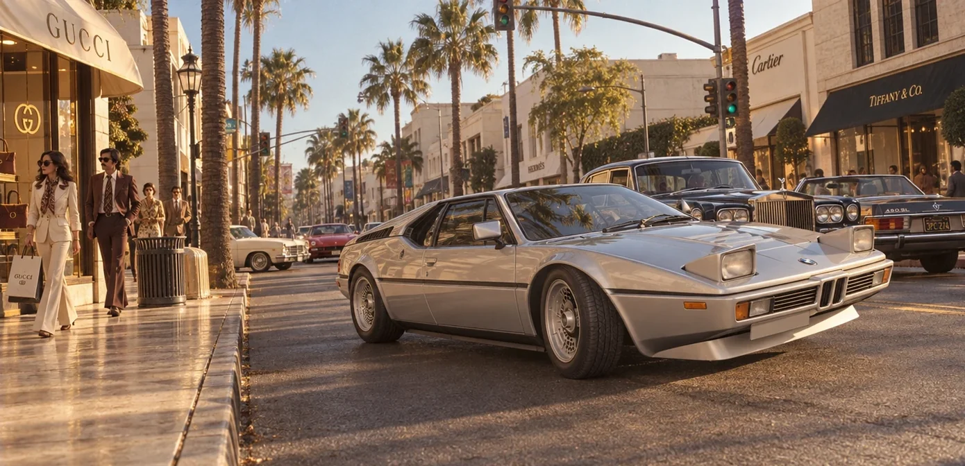 A 1970s street of luxury shops, palm trees and a silver sports car in low sun, with a black Rolls-Royce behind it