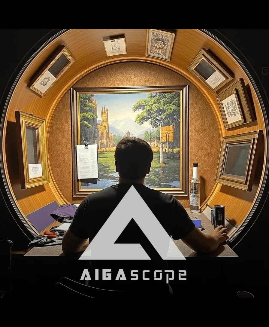 Aigascope illustration: an artist at a desk inside a circular studio lined with framed artwork, with the Aigascope logo